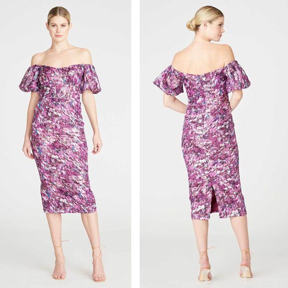 Monique Lhuillier Off the Shoulder Midi Cocktail Dress 4 Purple NWT - Picture 1 of 14
